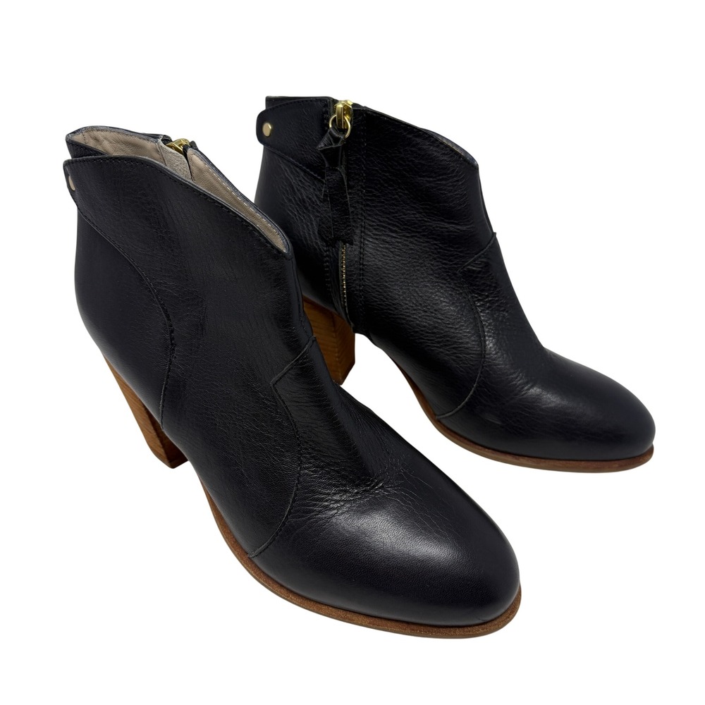 Boden Leather Ankle Boots Womens 40 Black Excellent Block Heel Zip 613076
